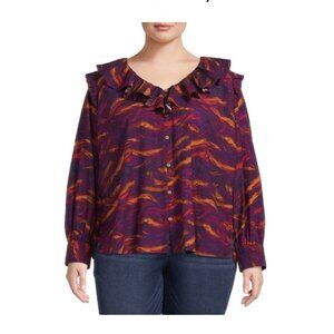 Terra &‎ Sky Long Sleeve Bold Purple Print Ruffle Top Blouse Womens 2X NWT